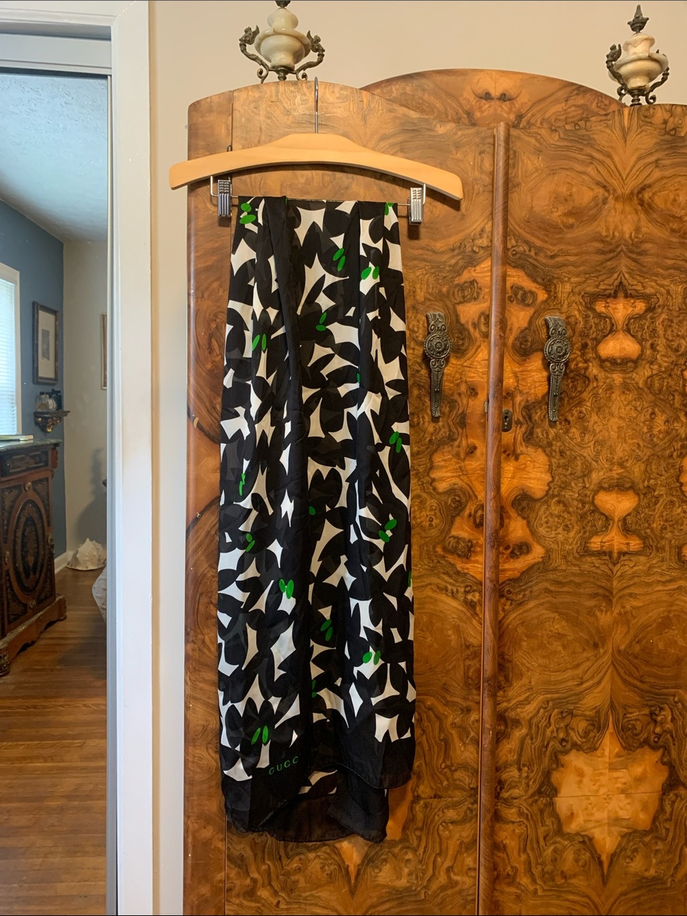 Gucci Silk Black & White Floral Maxi Skirt with Green Accents $450